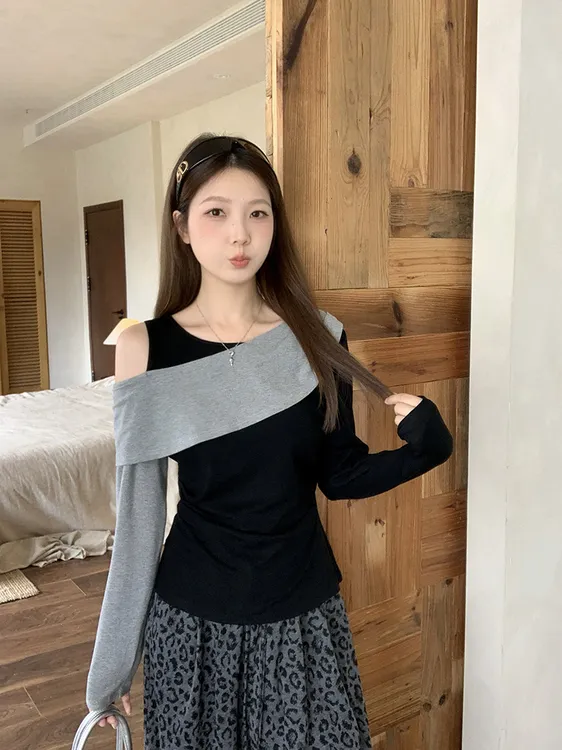 2025秋装新款胖mm大码女百搭气质感露肩修身显瘦长袖上衣A2603