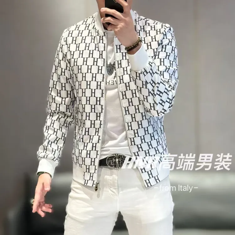 高端定制满花字母黑白双色春款男士棒球夹克外套8012