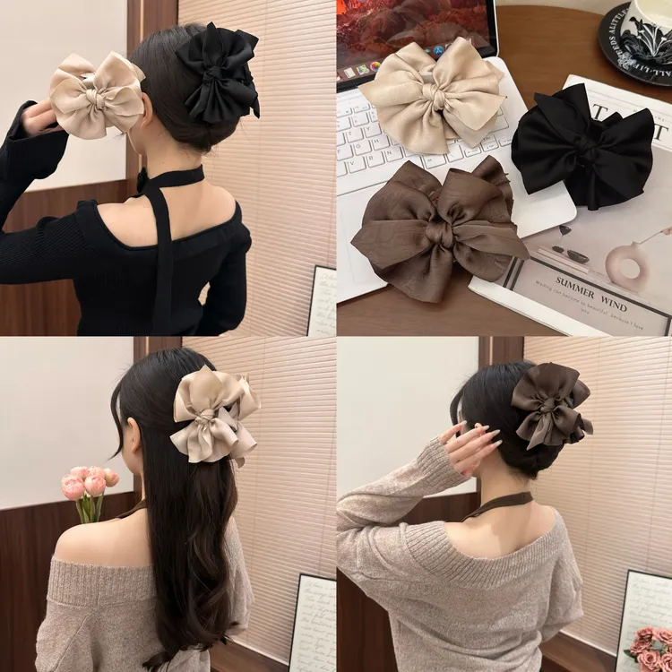 法式蝴蝶结抓夹女高级感缎面发夹后脑勺盘发鲨鱼夹低扎马尾夹头饰