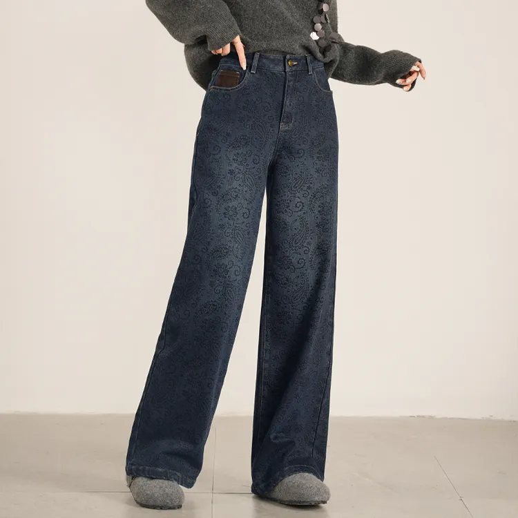 凌丹娜冬款蓝色加绒牛仔裤女加厚时尚印花高腰宽松直筒裤25916
