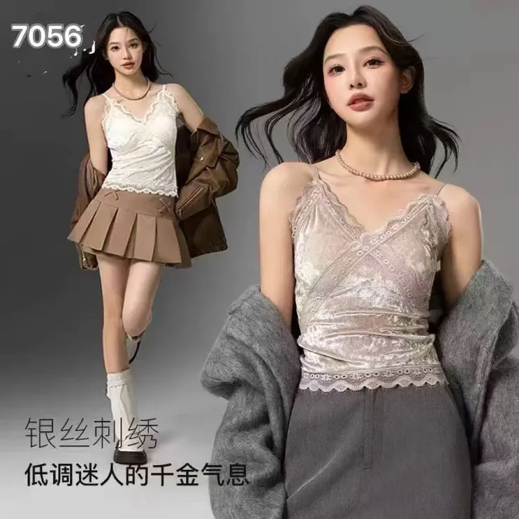 【自留款】新款丝绒睫毛蕾丝吊带背心秋冬修身显瘦打底上衣