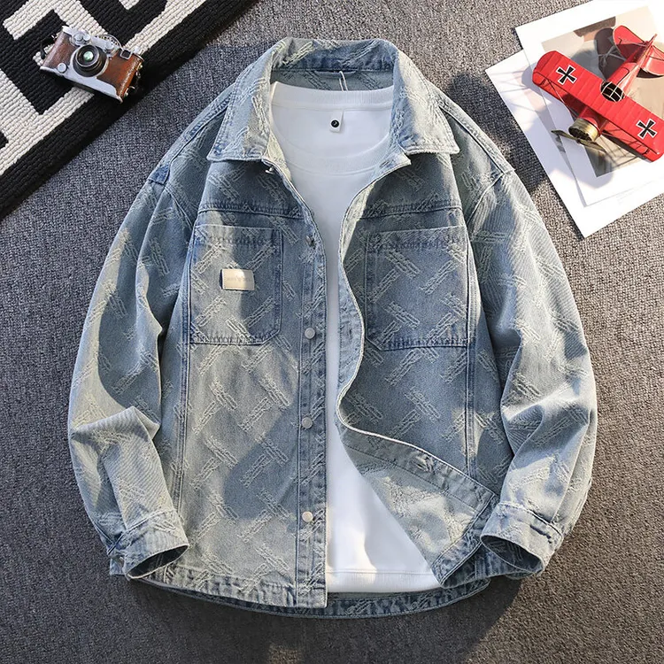 高级感提花牛仔外套男春季新款美式复古港风翻领夹克休闲褂子男装