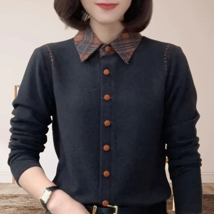 冬季简约百搭上档次减龄时尚显瘦小衫格纹翻领撞色高级感长袖上衣