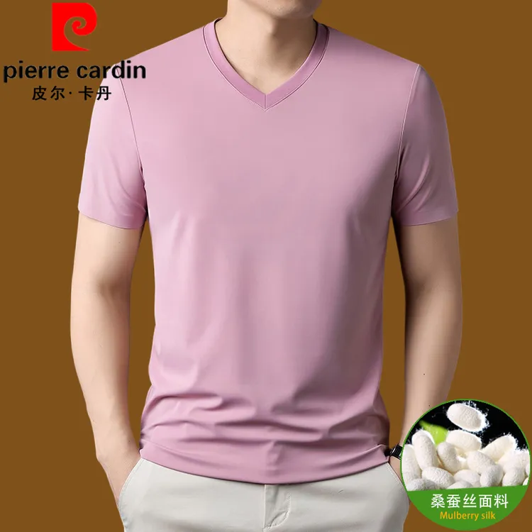 皮尔卡丹夏季薄款高档桑蚕丝男士短袖T恤时尚中年休闲半袖上衣潮