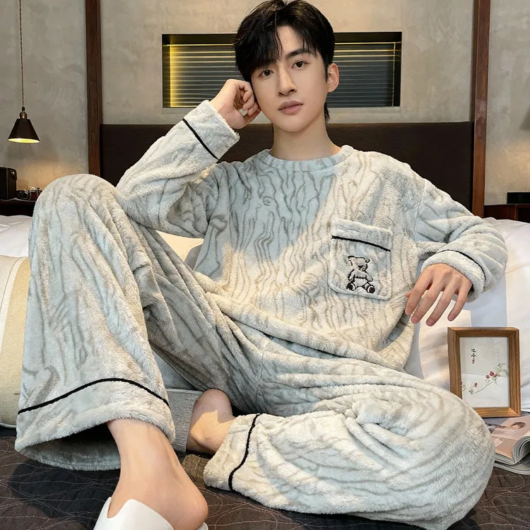 睡衣男款珊瑚绒2025新款加绒加厚保暖圆领简约男士宽松家居服套装