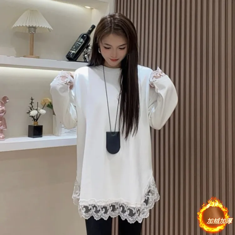 F3068【加绒加厚】新款加绒加厚蕾丝拼接T恤设计感宽松内搭打底衫