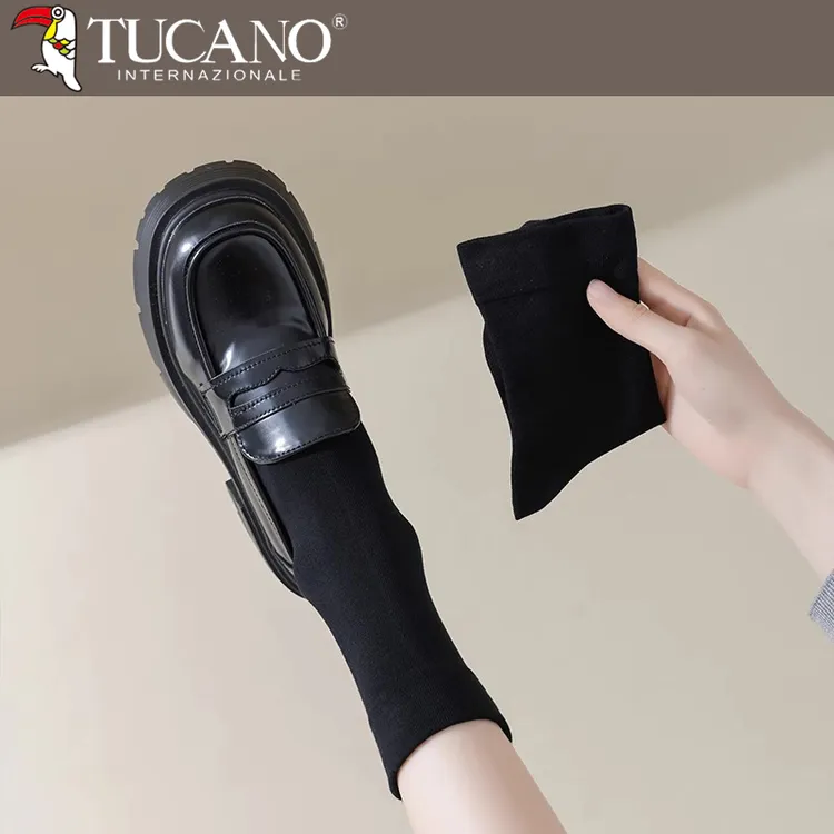 黑色堆堆袜子女春秋季中筒袜纯棉防臭配乐福小皮鞋无骨月子长筒袜