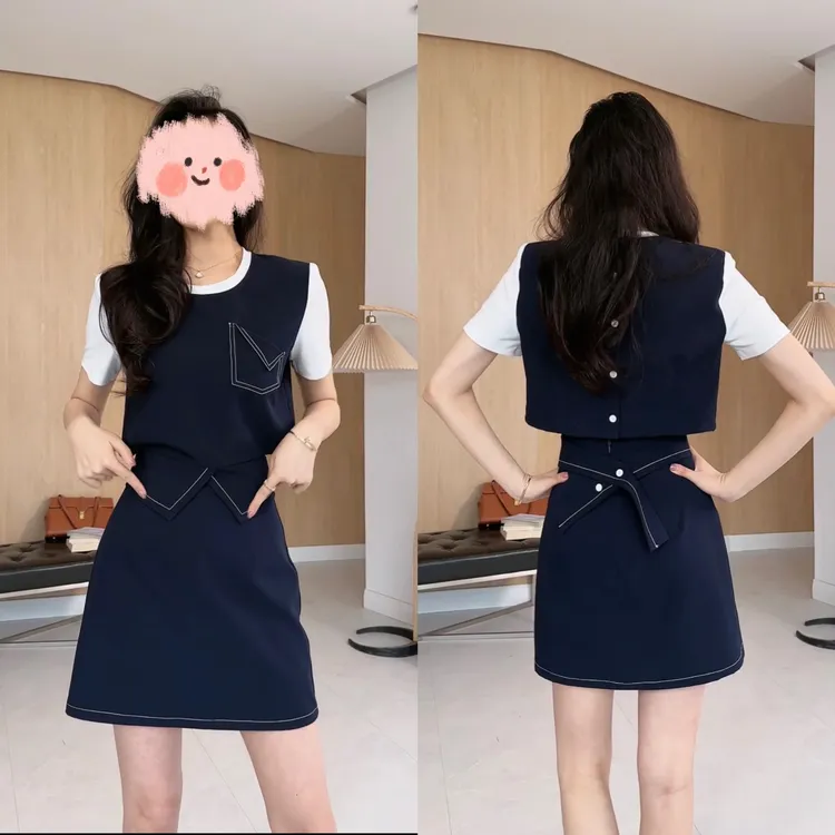 2025夏季新款时尚立体版型明线假两件T恤+显瘦裙裤两件套