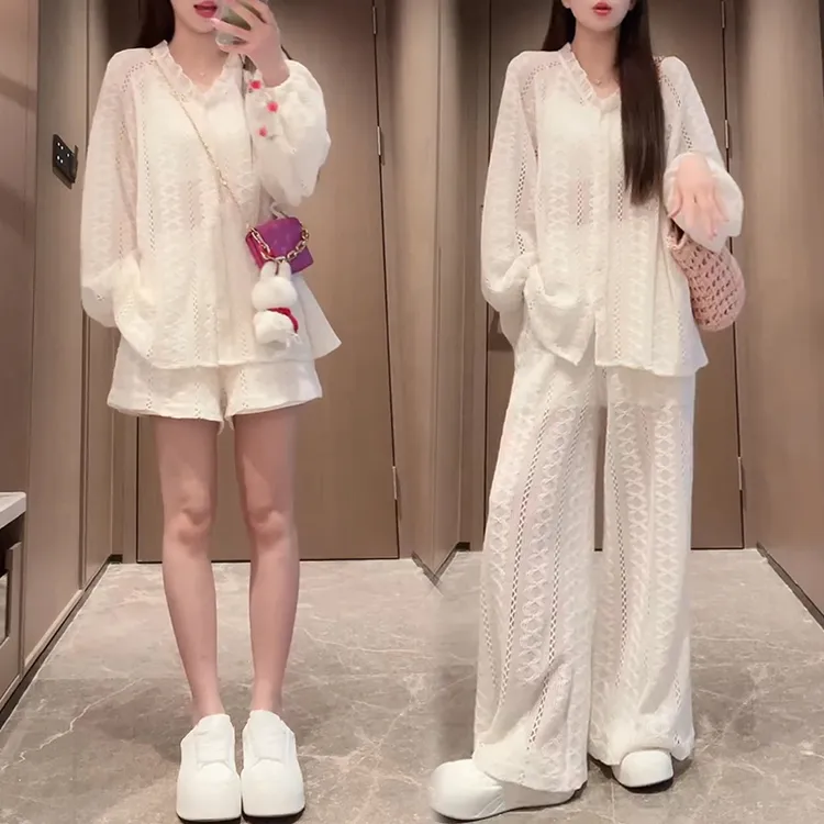 法式镂空显瘦套装女2025夏季新款薄款防晒罩衫休闲阔腿裤子两件套