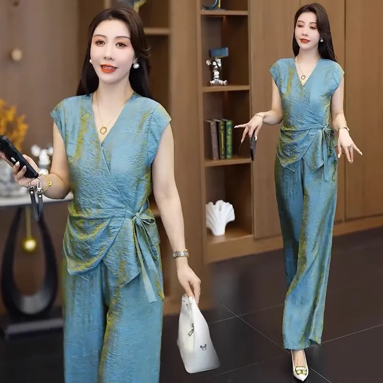 时尚套装女2025夏季新款洋气显瘦收腰绑带短袖上衣阔腿裤两件套潮