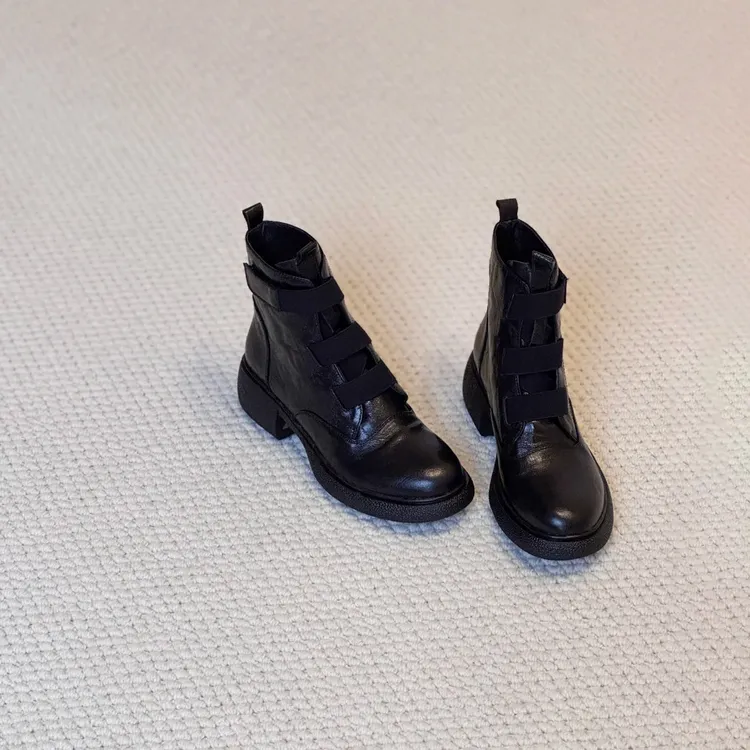 羊皮版~厚底魔术贴短靴英伦风一脚蹬通勤靴子小个子增高瘦瘦靴女 