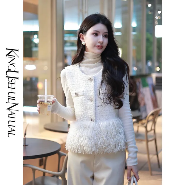 KUN 【温柔白月光】 米白色羊毛马甲外套女气质小香风2025春季新款
