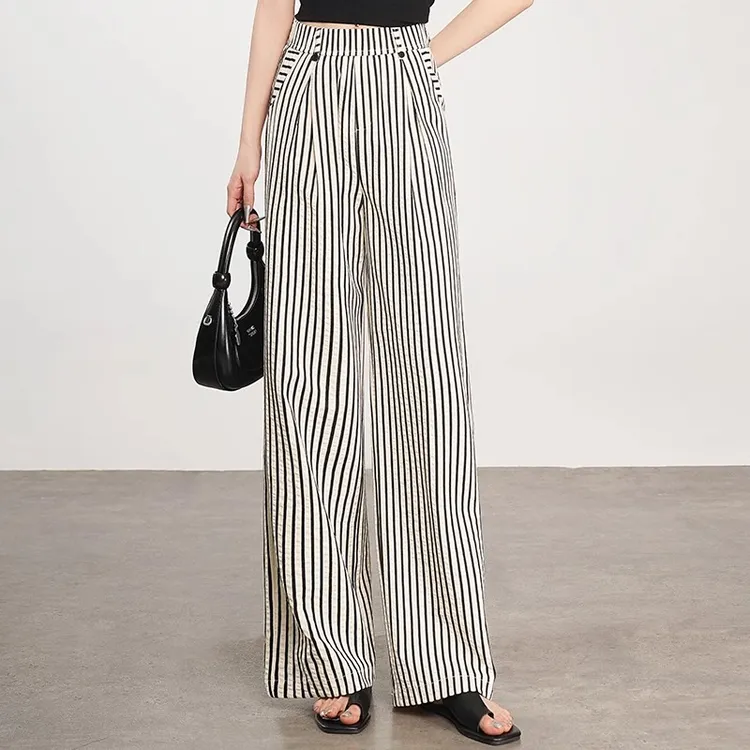 时尚条纹拖地休闲长裤女2025夏季新款薄款高腰显瘦垂感直筒阔腿裤