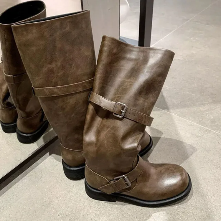 沙丘美学~擦色复古做旧双扣靴子女圆头中高筒西部长靴女骑士靴冬
