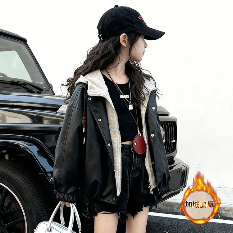 女童加绒皮衣外套秋冬款2025新款大童儿童冬装洋气好看加厚皮夹克