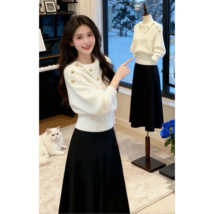 肩扣蝙蝠袖斜领针织衫女2026秋冬慵懒风格高级休闲时尚穿搭款