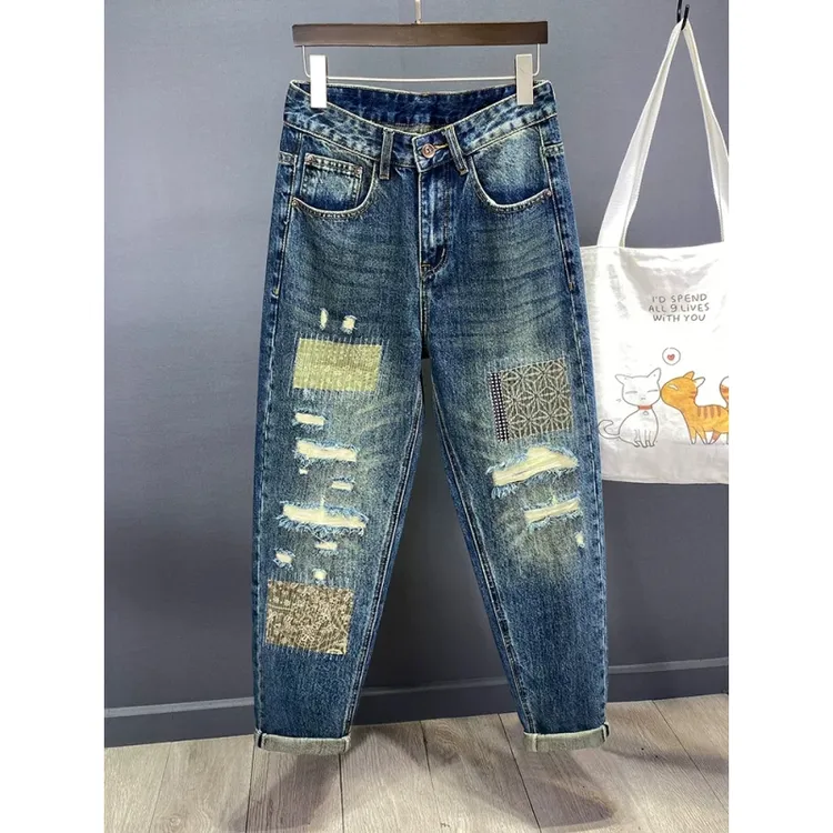 个性潮流哈伦破洞牛仔裤男宽松小直筒秋季2025新款贴布休闲长裤子