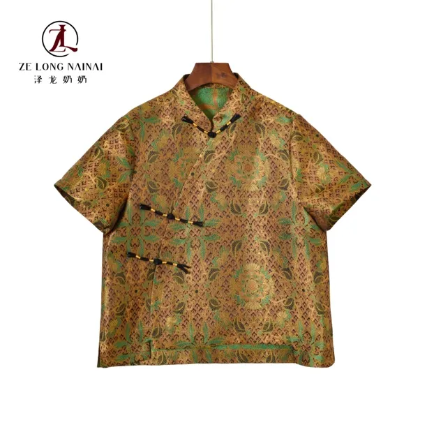 8047-1鎏金璀璨新中式国风桑蚕丝立领斜襟短袖上衣