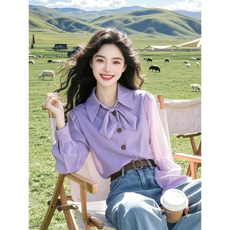 2025年春季新款小衫超好看独特漂亮设计感减龄紫色领结长袖衬衫女