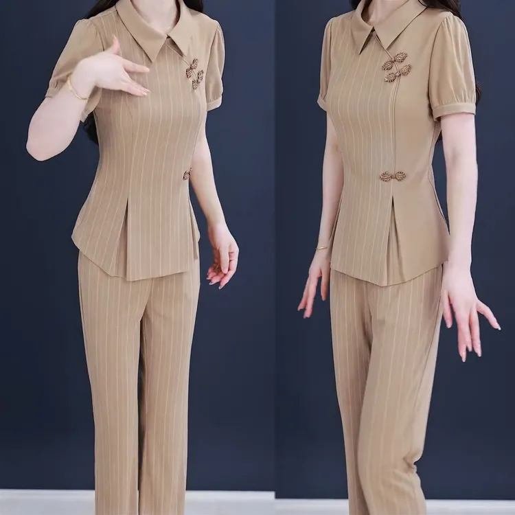 2025年夏季新款气质显瘦国风盘扣条纹短袖上衣微喇叭裤两件套装女