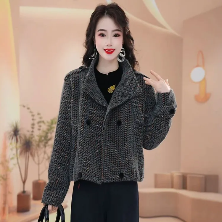 格纹短外套女2025秋季新款时髦洋气宽松显瘦加厚保暖连体裤套装女