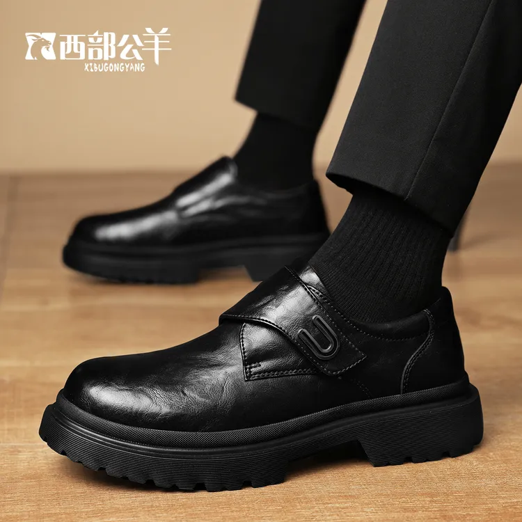 西部公羊秋冬爆款内增高5cm男鞋一脚蹬休闲商务低帮男士时尚皮鞋