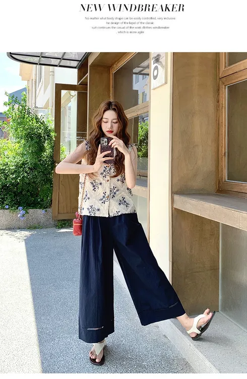 夏季新款韩系高级感中国风刺绣马甲搭配休闲阔腿裤套装cs夏装裤子