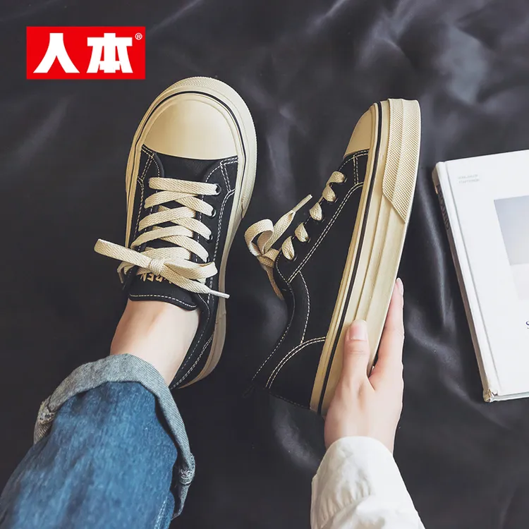 人本2025秋季新款圆头简约风帆布鞋纯色休闲百搭女鞋