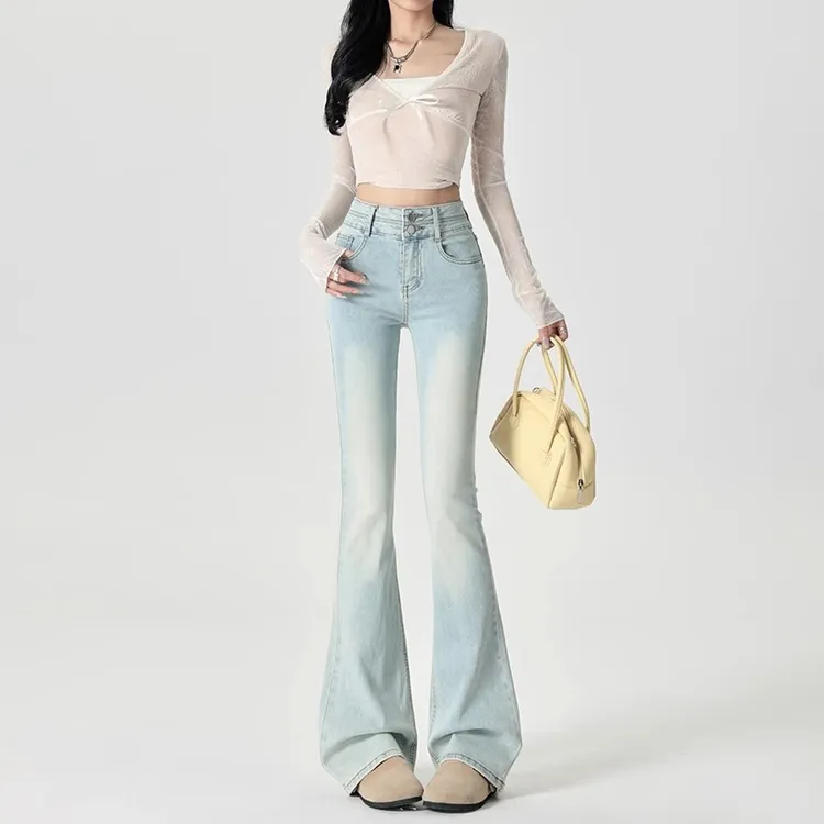 浅色微喇牛仔裤女春季2025新款小个子高腰修身显瘦弹力马蹄喇叭裤
