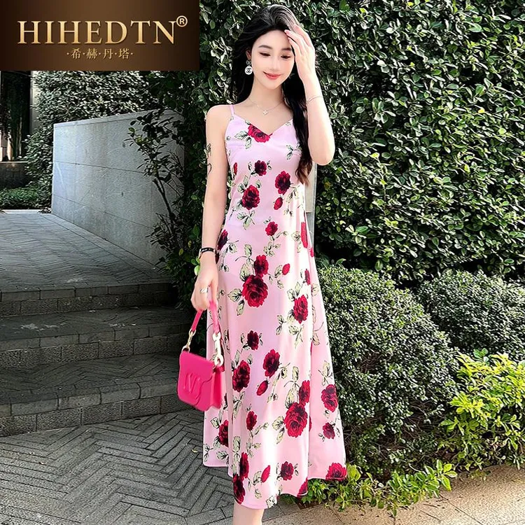 希赫丹塔法式吊带裙夏季新款碎花短袖连衣裙高级感海边度假碎花裙