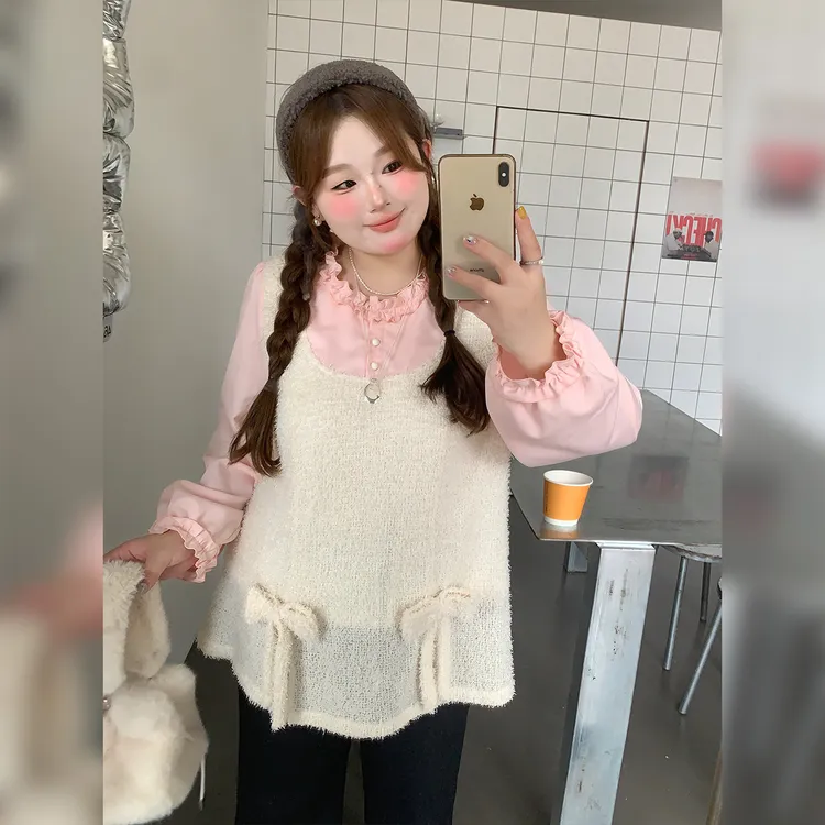 27徐达布【兹衫诗呼】针织衫女新款粉拼杏色长袖上衣Z37934C53