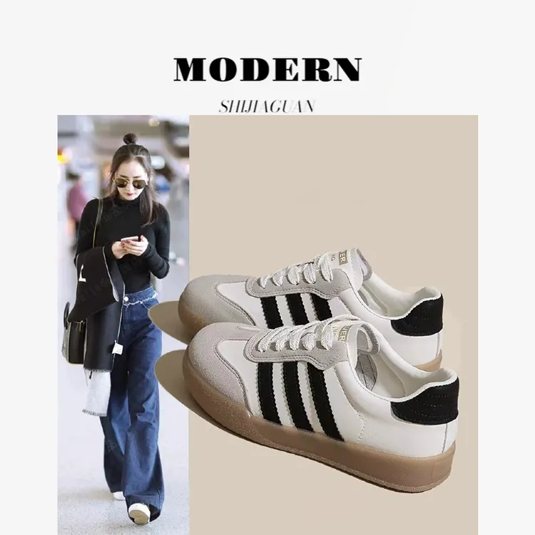 杨幂同款小白鞋女2025春季新款三条杆板鞋小码34配裙子厚底运动鞋