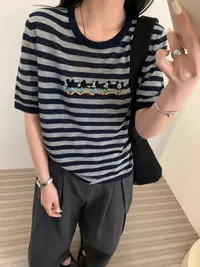 /条纹米奇/米奇刺绣短袖薄款条纹撞色针织衫 衣长56 胸围52 58012