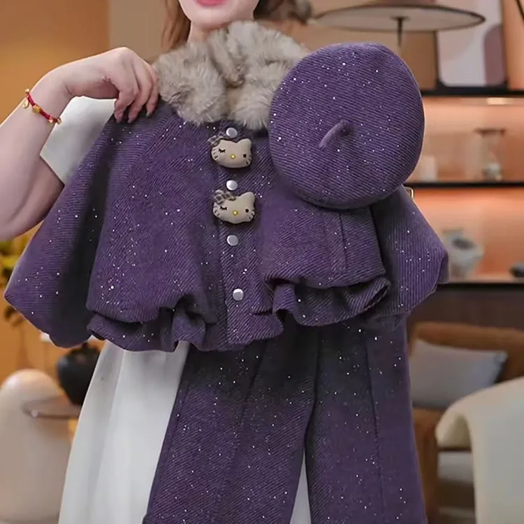 女童加绒加厚款毛呢套装2025新款冬季儿童中保暖翻领洋气套装潮流