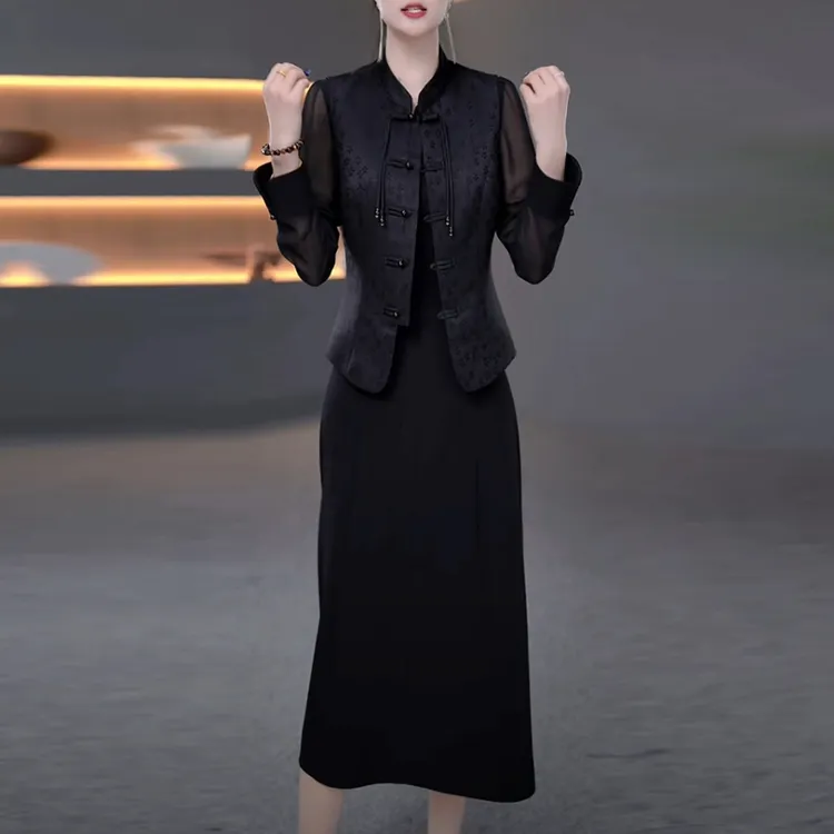 提花缎长袖国风两件套连衣裙2025春秋季新款黑色显瘦气质套装裙子