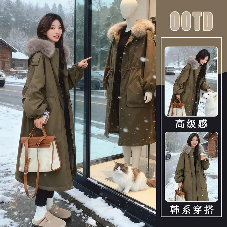 美式复古工装派克服女冬季2025新款过膝中长款宽松显瘦大毛领棉服