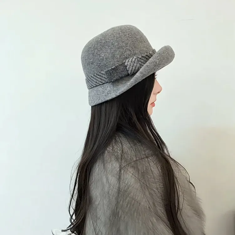 优雅圆顶秋冬礼帽法式冬季帽子韩版白色女士翘边千金风礼结轻奢风