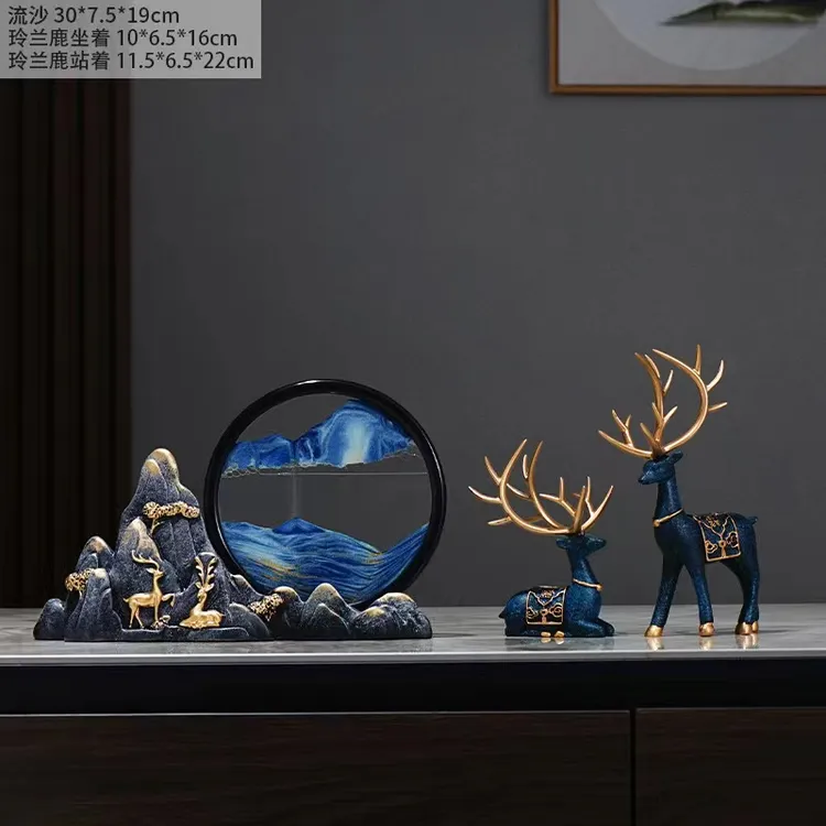 新中式流沙画鹿摆件创意轻奢鹿摆件电视柜客厅酒柜装3d立体流沙画