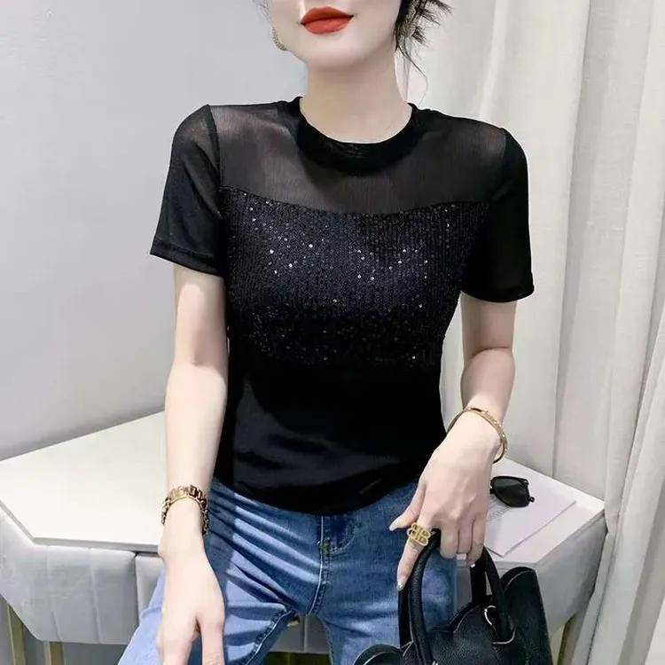 性感微透网纱短袖t恤女2025夏季新款时尚亮片修身上衣高档小衫女
