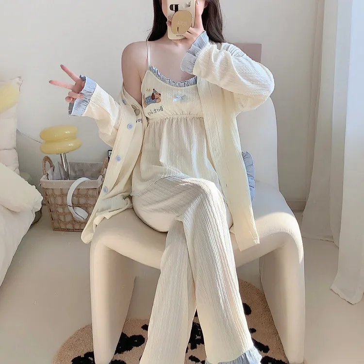 带胸垫2025年春秋季新款提花棉睡衣女士卡通吊带长袖三件套家居服