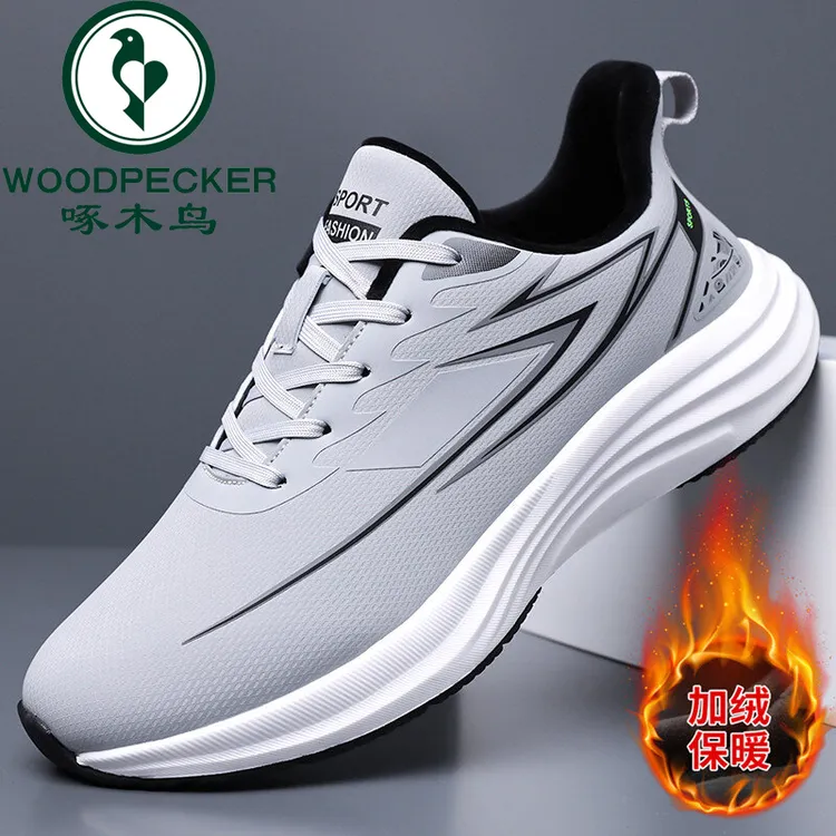 啄木鸟正品秋冬皮面加绒保暖运动鞋2025新款软底轻便健步鞋休闲鞋