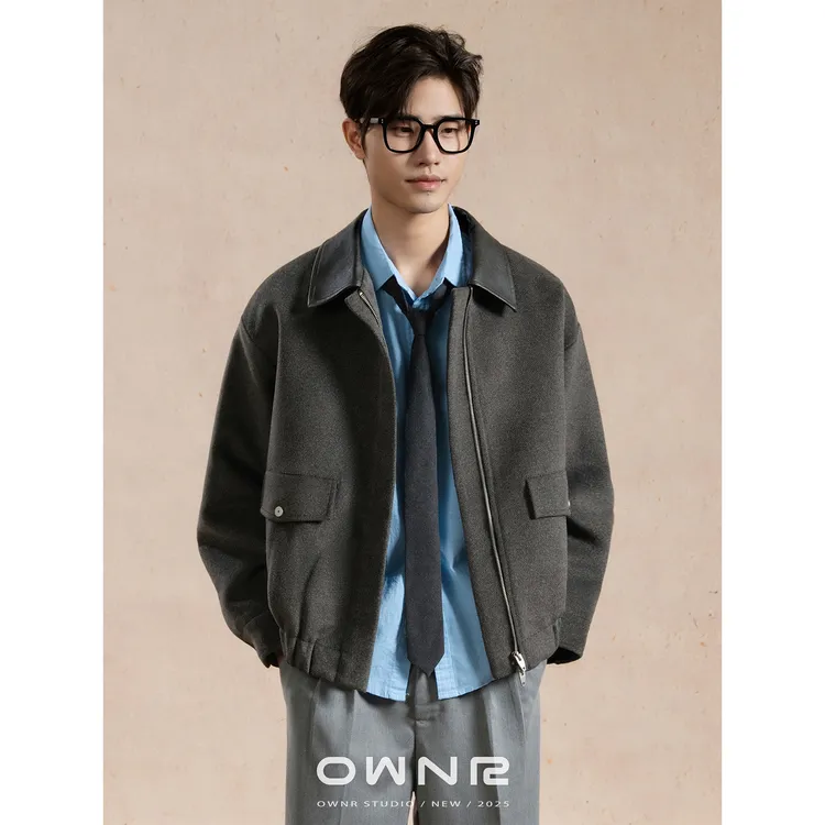 OWNR深灰色宽松拼接保暖短款毛呢大衣男2025秋冬老钱加厚呢子外套