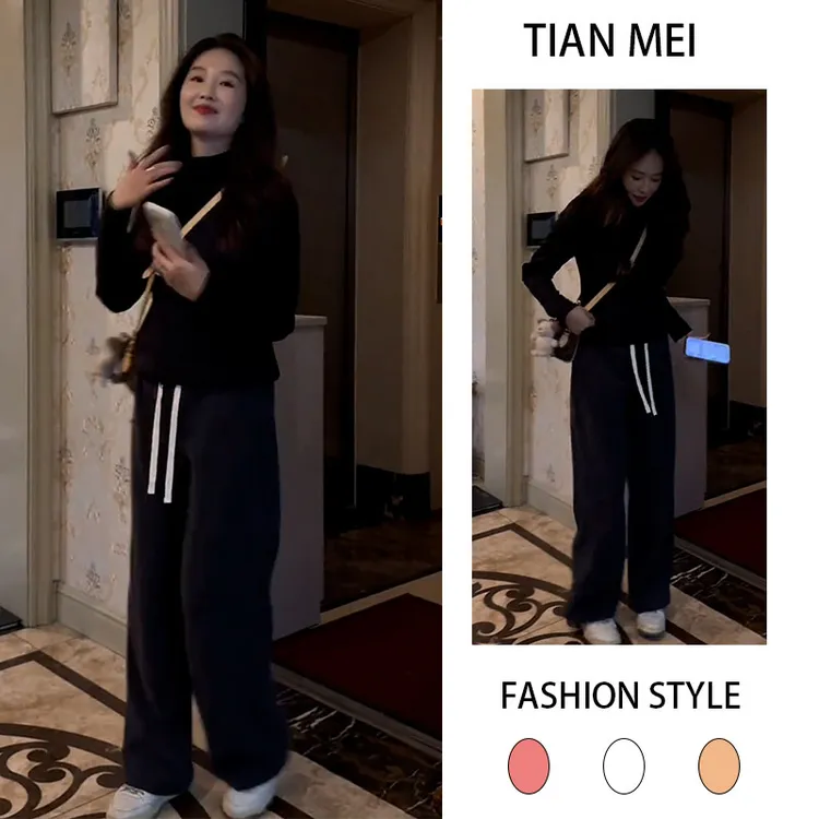 2025秋冬季新款设计感韩版法式长袖圆领上衣女搭配休闲裤两件套