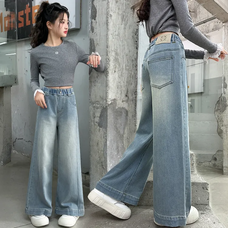 女童冬装加绒牛仔裤2025新款中大儿童春秋韩版宽松直筒窄版阔腿裤