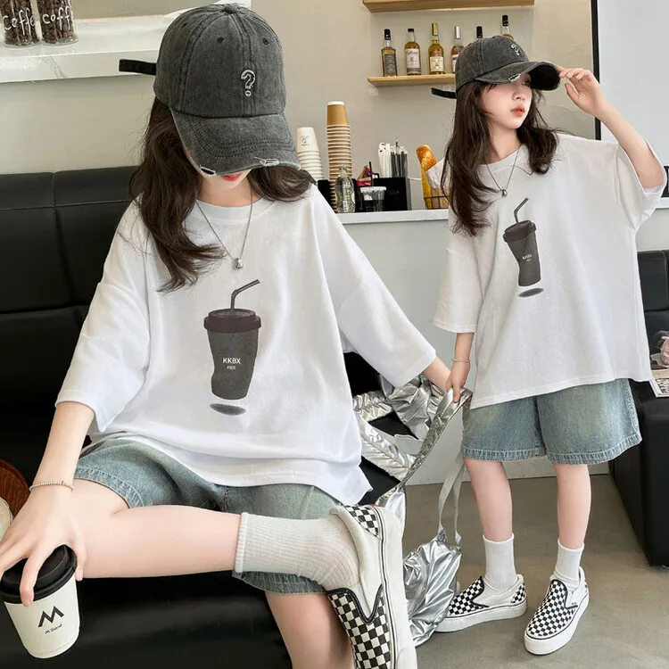 女童夏装2025新款短袖t恤儿童时髦洋气夏款女大童牛仔中裤套装潮