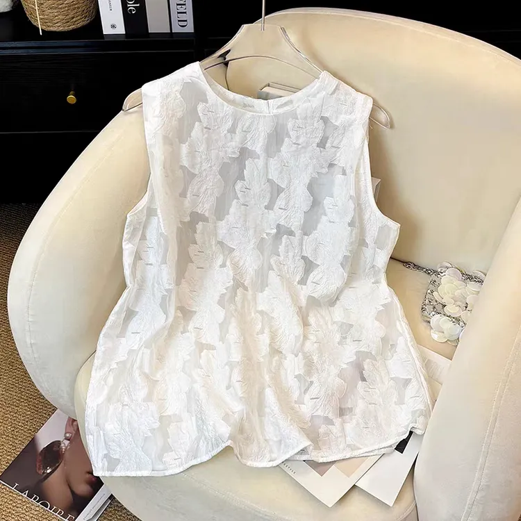 欧货高货微透无袖钩花宽松蕾丝刺绣上衣设计师背心衬衫上衣