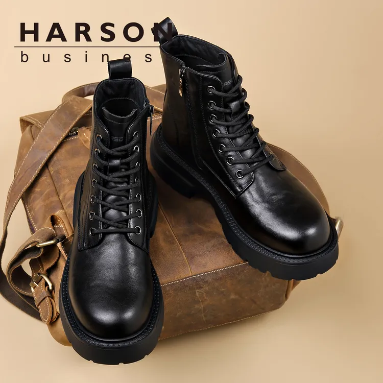 Harson/哈森【头层牛皮】马丁靴冬季高帮真皮靴子加绒棉鞋潮流男靴商品图