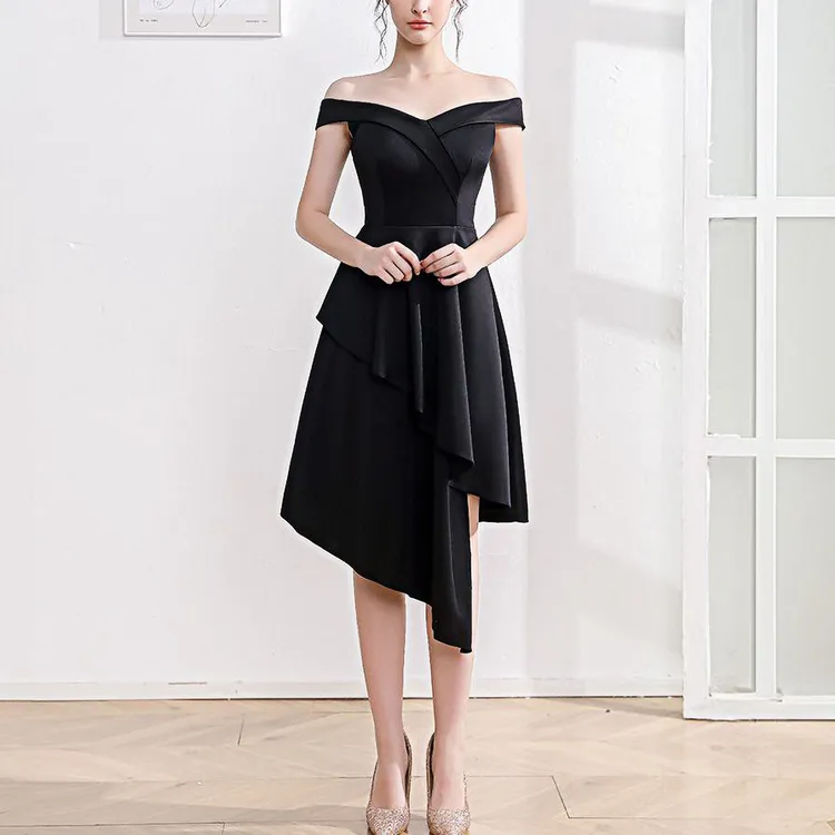 晚礼服女小个子宴会气质名媛一字肩中长款显瘦公司年会派对连衣裙