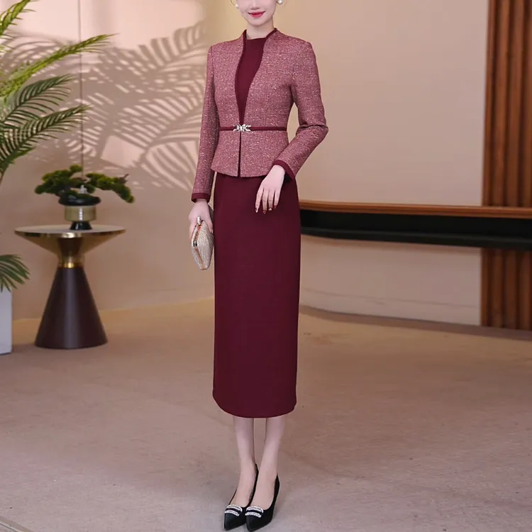 冬季羊毛裙酒红色连衣裙显瘦轻奢优雅气质修身日常一步裙1852-B