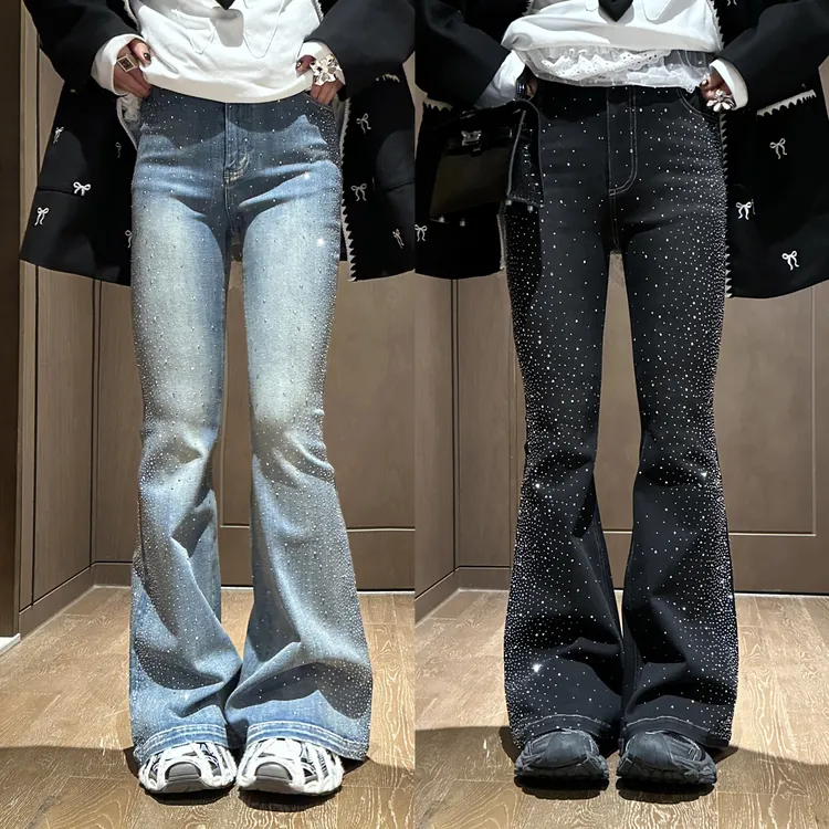 YDFSTUDIO小众【爆闪裤】早春高定满钻设计高腰巨显瘦百搭喇叭裤